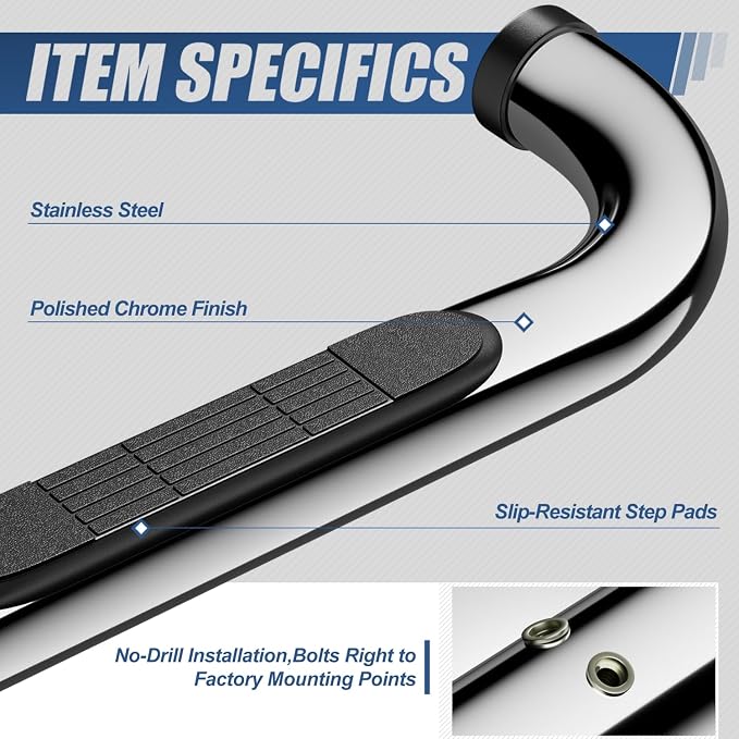 Auto Dynasty Running Board Compatible with 1999-2019 Silverado Sierra 1500 2500HD 3500HD Extended Cab, Stainless Steel Side Step Rail Nerf Bars, 3" Step Bars, Polished Chrome