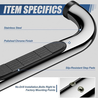 Auto Dynasty Running Board Compatible with 1999-2019 Silverado Sierra 1500 2500HD 3500HD Extended Cab, Stainless Steel Side Step Rail Nerf Bars, 3" Step Bars, Polished Chrome