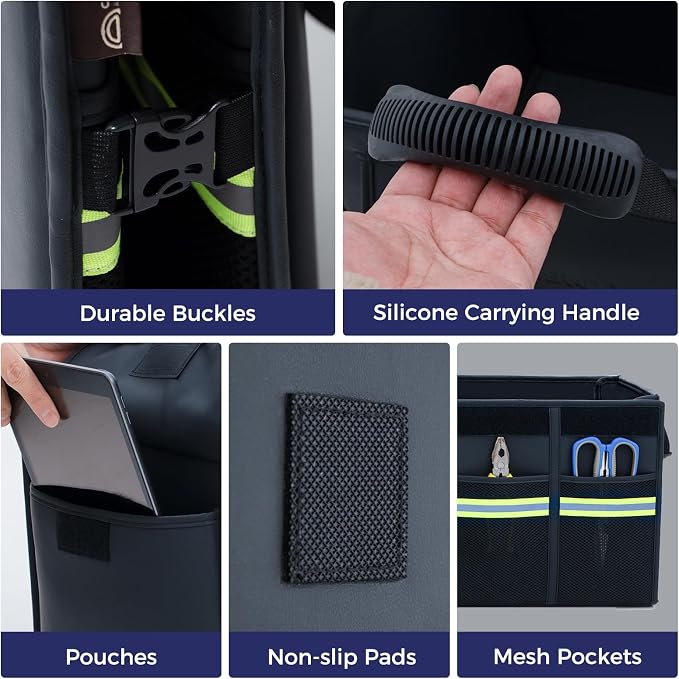 Coverado Trunk Organizer for Car- Nappa Leather Trunk Organizer for SUV with Lid, 30L Multi Collapsible Car Storage Organizer Foldable, Multi Compartments with 2 Straps for SUV/Truck