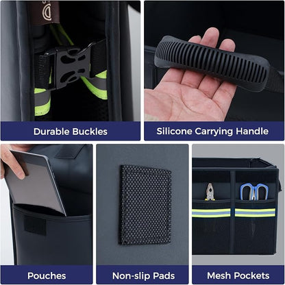 Coverado Trunk Organizer for Car- Nappa Leather Trunk Organizer for SUV with Lid, 30L Multi Collapsible Car Storage Organizer Foldable, Multi Compartments with 2 Straps for SUV/Truck