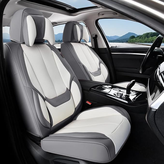Coverado Seat Covers, Car Seat Covers Front Seats, Car Seat Cover, Car Seat Protector Waterproof, Seat Cushion Nappa Leather with Head Pillow, Carseat Cover Universal Fit for Most Cars (Gray&White)