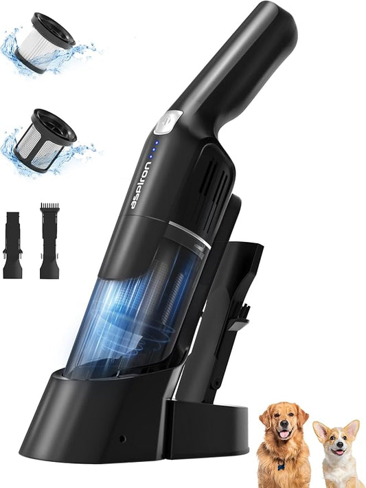 Aspiron Cordless Handheld Vacuum, 24KPA Powerful Car Vacuum, 2-Speed, 2 Charging Methods, Wireless Charger, Ergonomic Handle, Portable Rechargeable Vacuum Cleaner for Car, Home, Black Grey