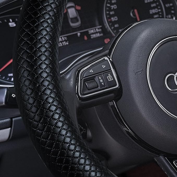 Haokay Heavy Duty Pure Cowhide Steering Wheel Cover, Genuine Leather Steering Cover with 15 Inches Universal Fit