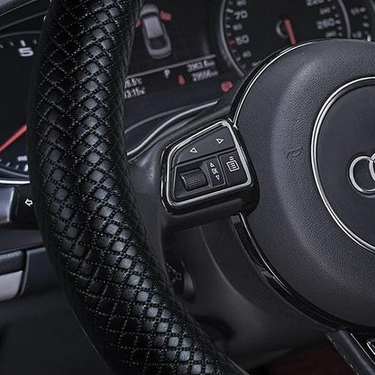 Haokay Heavy Duty Pure Cowhide Steering Wheel Cover, Genuine Leather Steering Cover with 15 Inches Universal Fit
