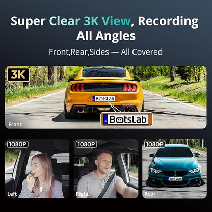 BOTSLAB 4 Channel Dash Cam 3K Front and Rear Inside 560° Coverage with Magnetic Side Cameras Car Camera with 3.18”Touch Screen 24/7 Parking Mode 5.8GHz WiFi GPS Voice Control (No SD Card)