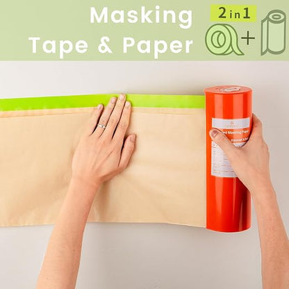 Tangibay Pre-Taped Masking Paper with Dispenser - 18" x 66' Painters Paper and Tape for Painting House, Auto Body, Cars (1 Dispenser 1 Refill)