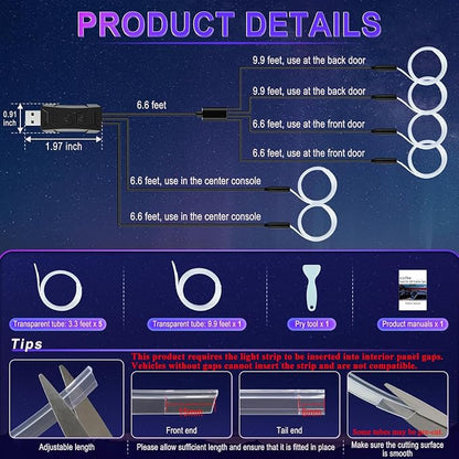 LivTee Smart LED Car Lights Interior with USB Port, LED Strip Fiber Optic Ambient Lighting Car, Wireless App Control, Sync to Music, Car Decorations Interior Accessories Gifts for Women Men, 6 in 1