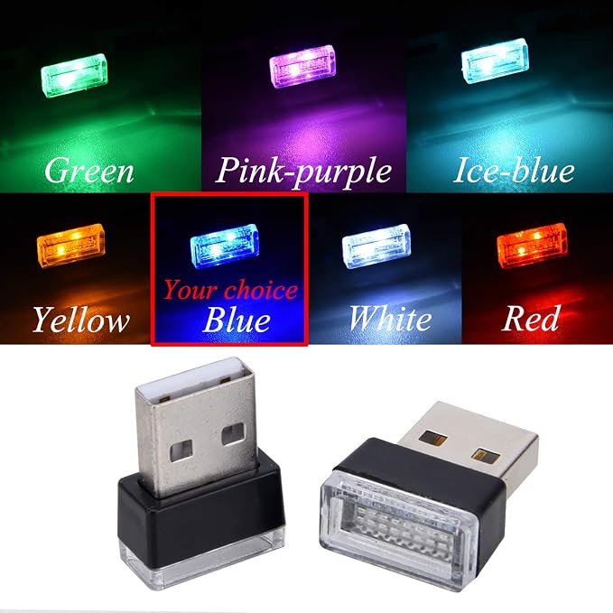 Febrytold 2 Pcs Blue Universal Mini USB LED Car Interior Ambient Atmosphere Lights for Car Interior Trunk Ambient Atmosphere