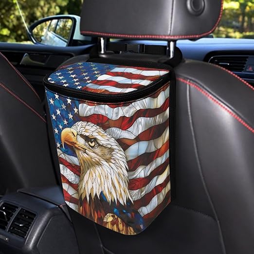 Talayituse Eagle American Flag Print Car Trash Can Portable Auto Garbage Bin Multifunctional Vehicle Interior Accessories with Adjustable Straps Universal Fit Truck SUV Sedan