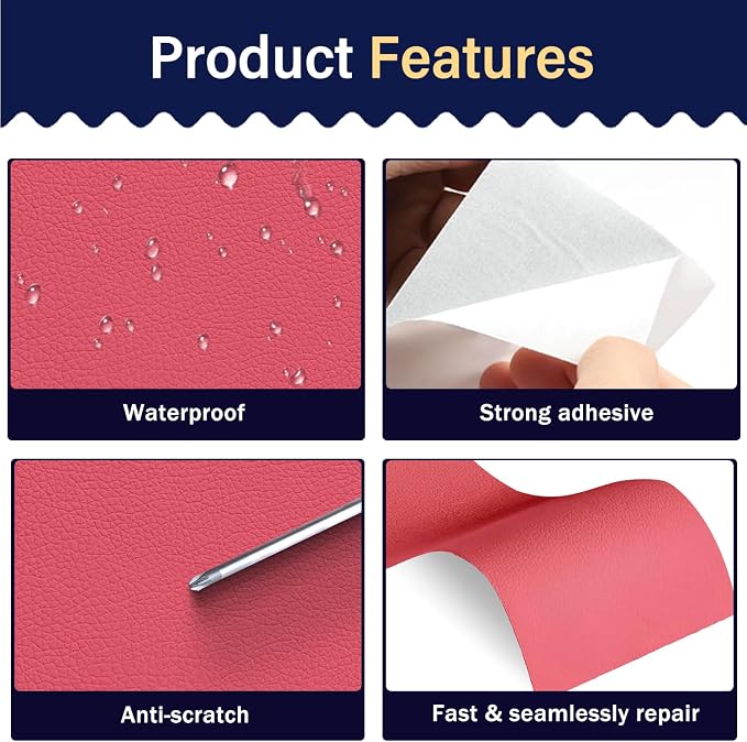 Zenyao Leather Repair Patch Tape - Self Adhesive Leather Repair Kit for Car Seat Furniture, Heavy Duty Vinyl Repair Patch for Couch Sofa, Waterproof Fix for Tears, 3x60 Inch Roll, Hot Pink