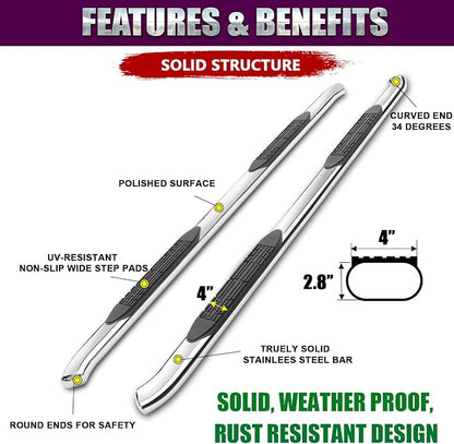 4 Inch Curved Running Boards Stainless Steel Nerf Bars Side Steps Compatible with 2005-2023 Toyota Tacoma Crew Cab, No-Cut, No Drilling, Bolt on Installation