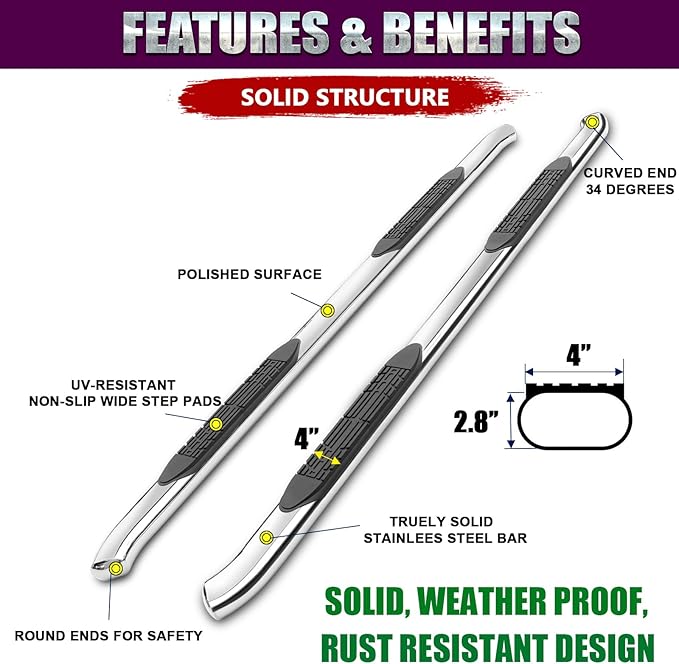 4 Inch Curved Running Boards Stainless Steel Nerf Bars Side Steps Compatible with 2007-2021 Toyota Tundra Crew Cab, No-Cut, No Drilling, Bolt on Installation
