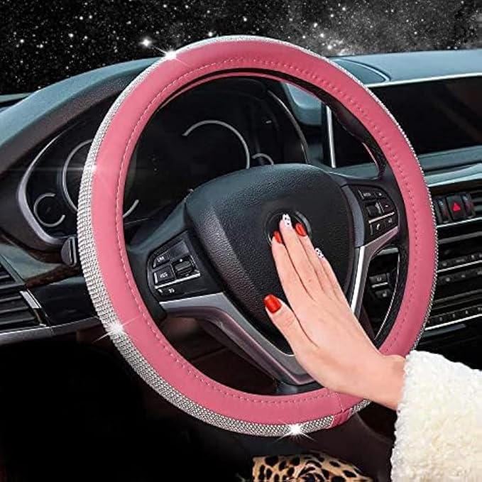 New Diamond Leather Steering Wheel Cover with Bling Bling Crystal Rhinestones, Universal Fit 15 Inch Car Wheel Protector for Women Girls Pink
