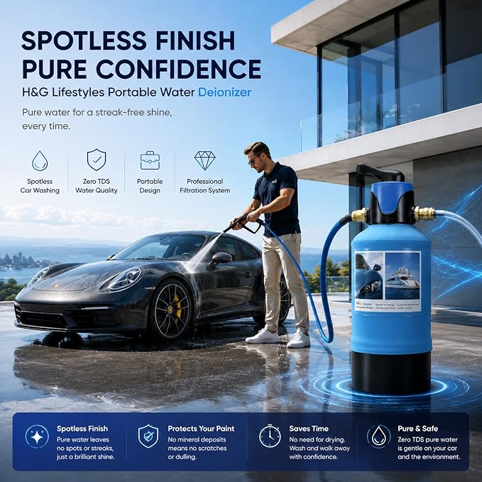 H&G Lifestyles Water Deionizer for Car Washing,Spotless Water System for Car Wash, with By-Pass Valve, Portable Spot-Free Deionization Filter,3/4" GHT Brass Adapter, Quick Connectors