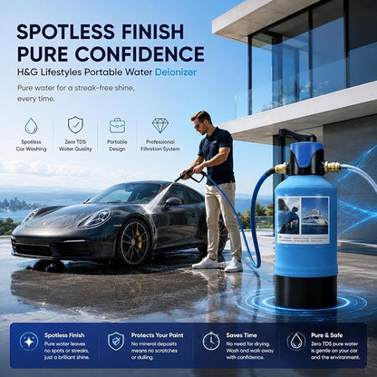 H&G Lifestyles Water Deionizer for Car Washing,Spotless Water System for Car Wash, with By-Pass Valve, Portable Spot-Free Deionization Filter,3/4" GHT Brass Adapter, Quick Connectors