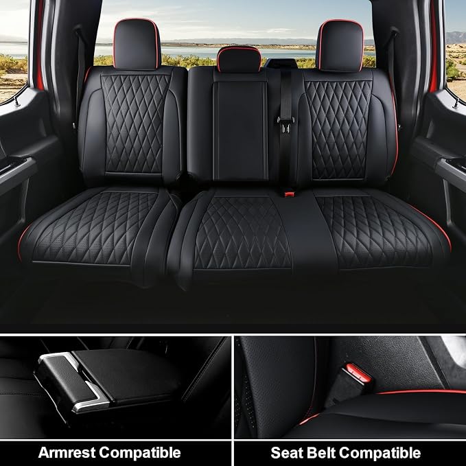 Coverado Leather Seat Covers Full Set for Ford F150F250F350F450(2015-2026)Waterproof Automotive Cushion Covers for Pick-Up Trucks Custom Fit for F150 SuperCrew&F250–F450 Super Duty Crew Cab(Red Line)