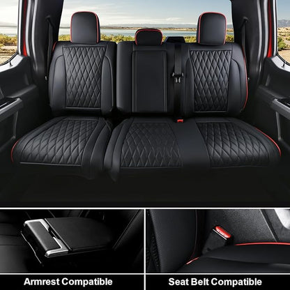 Coverado Leather Seat Covers Full Set for Ford F150F250F350F450(2015-2026)Waterproof Automotive Cushion Covers for Pick-Up Trucks Custom Fit for F150 SuperCrew&F250–F450 Super Duty Crew Cab(Red Line)