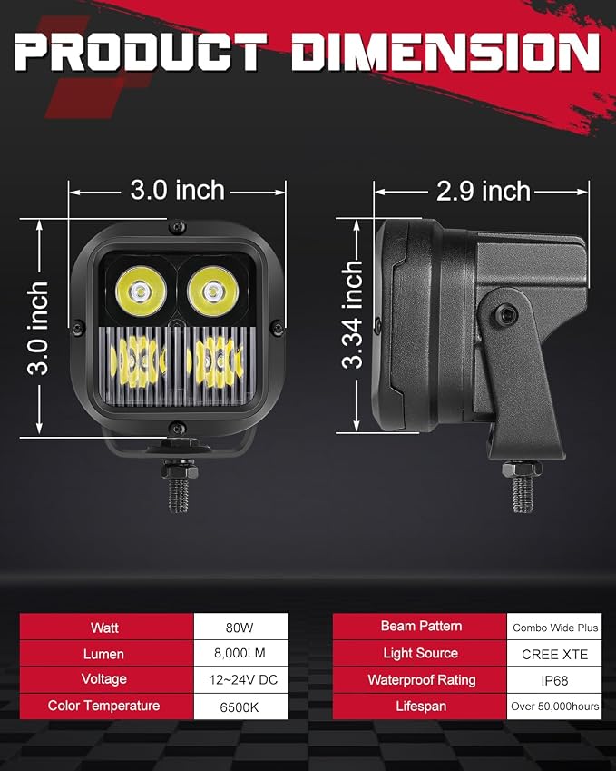 OFFROADTOWN LED Pods, 3inch 80W CREE LED Pods Off Road Driving Lights Cubes Ditch Lights Headlight for Truck Pickup Dirt Bike UTV ATV SUV Boat 4x4 Car - Combo Wide Plus Beam