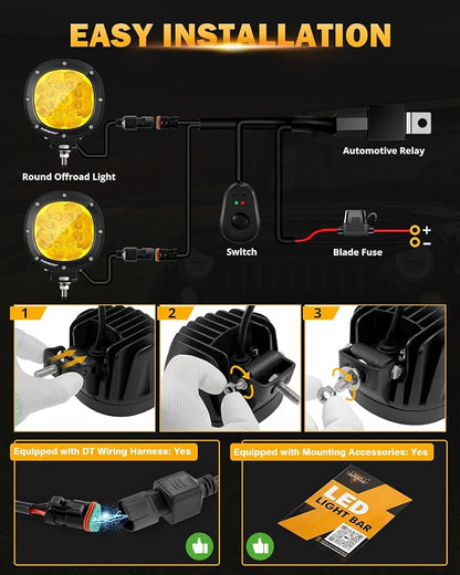 Auxbeam 4In 90W Amber Round Led Offroad Lights 2PCS 9000LM Amber Fog Super Bright Driving Light with Wiring Harness Kit Spot Beam Pod Light for Truck SUV ATV UTV Jeep Wrangler Motorcycle