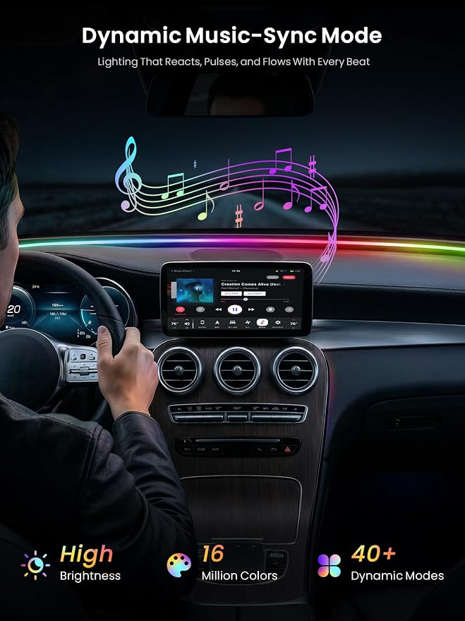 Car LED Lights Interior, 16M Colors APP & CarPlay Control, Music Sync, Auto-On/Off，Voltage Protection, Brightness Dimmer 12V DC LED Strip Lights for Car, Truck, SUV (Colorful 4.9ft)