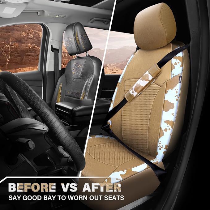 CAR PASS Cow Print Faux Leather Car Seat Covers & Cow Car Mats & Cow Steering Wheel Cover Seat Belt Pads Universal fit for SUV,Van,Saden,Truck Cute Car Accessories Automobile Interior Sets All Beige