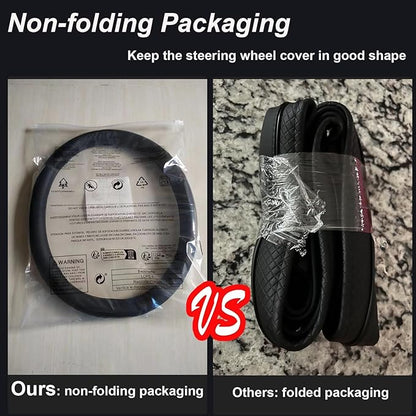 Steering Wheel Cover Universal Standard Size 14.5-15 inch, Non-Folding Packaging, Microfiber Leather, Anti-Slip, Soft Grip, Sporty Design, Fits for Cars SUVs Trucks, Black