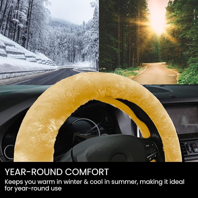 Andalus Brands Luxury Fluffy Car Steering Wheel Covers – Genuine Merino Sheepskin, Soft Fuzzy Car Steering Wheel Cover for Women, Universal 14.5-15" Size, Plush Fur Cute Auto Accessories, Beige