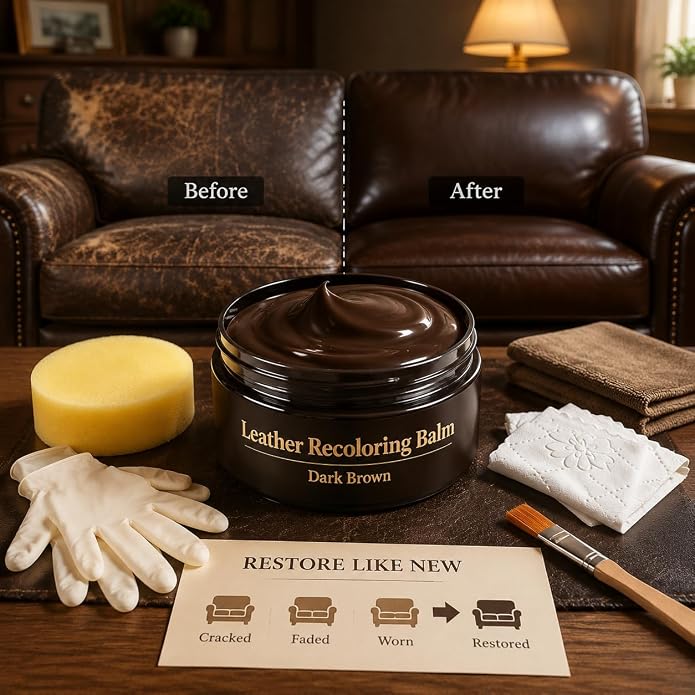 Leather Recoloring Balm, Leather & Vinyl Color Restorer Conditioner – Repairs Faded & Scratched Leather Color