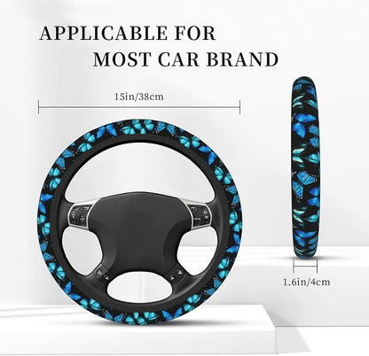 Blue Butterfly Steering Wheel Cover for Women, Universal Auto Steering Wheel 14-15 Inch Car Interior Accessories with 2PCS Car Coasters, Suitable for Men and Women
