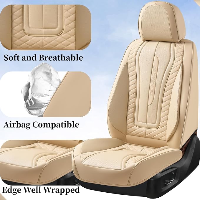 Coverado Car Seat Covers Full Set, Leather Seat Coversfor Cars, Front and Back Seat Covers, Waterproof Car Seat Protectors Car Seat Cushions Universal for Most Vehicles, Beige