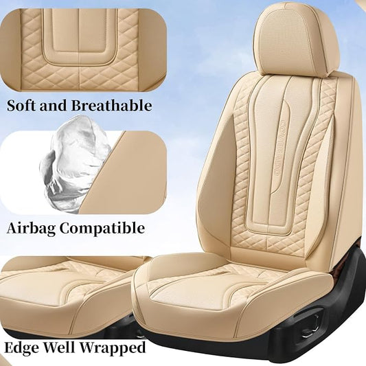 Coverado Car Seat Covers Full Set, Leather Seat Coversfor Cars, Front and Back Seat Covers, Waterproof Car Seat Protectors Car Seat Cushions Universal for Most Vehicles, Beige