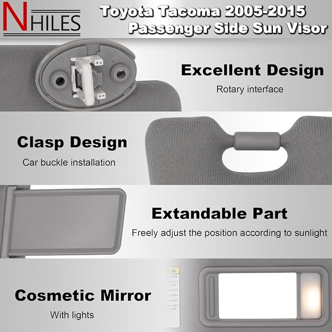 NHILES Passenger Right Side Sun Visor Replacement Fits for Toyota Tacoma 2005-2015 Sunshade with Light 7431004120B0 Color Gray