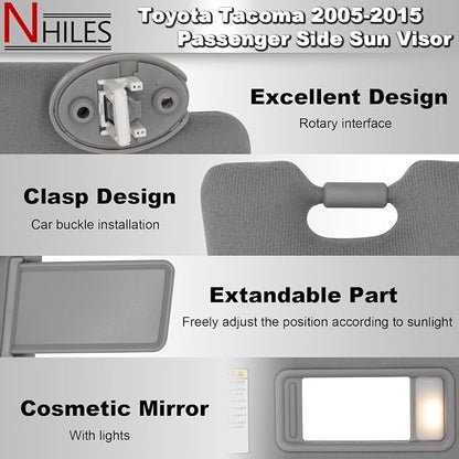 NHILES Passenger Right Side Sun Visor Replacement Fits for Toyota Tacoma 2005-2015 Sunshade with Light 7431004120B0 Color Gray