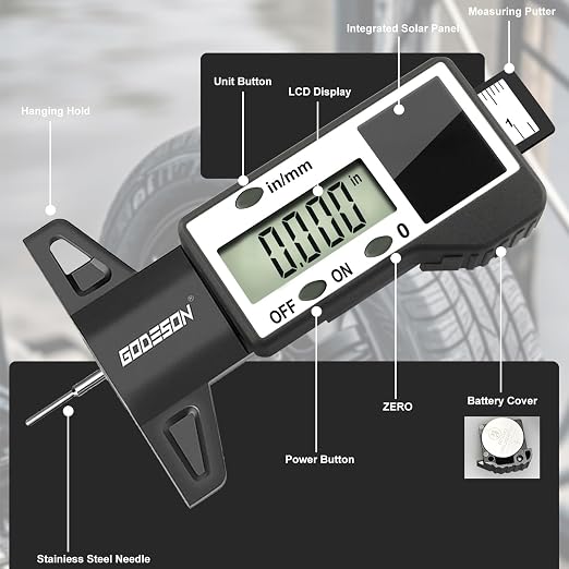 GODESON Digital Tire Tread Depth Gauge, Solar & Battery Power,1" / 25.4mm Range, Inch/MM Display, Black Universal Tire Wear Depth Gauge for All Vehicles (Car, Truck, SUV)