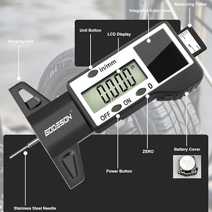 GODESON Digital Tire Tread Depth Gauge, Solar & Battery Power,1" / 25.4mm Range, Inch/MM Display, Black Universal Tire Wear Depth Gauge for All Vehicles (Car, Truck, SUV)