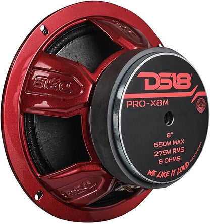 DS18 PRO-X8M Loudspeaker - 8", Midrange, Red Steel Basket, 550W Max, 275W RMS, 8 Ohms - Premium Quality Audio Door Speakers for Car or Truck Stereo Sound System (1 Speaker), Classic