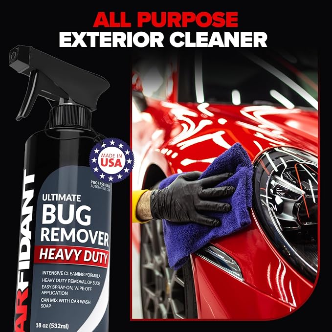 Carfidant Bug Remover Heavy Duty Spray - Cars Exterior Cleaner - Easily and Powerful Clean Bug Splatter, Bird Poop From Paint, Plastic, Rubber, Metal, Chrome, Glass - 18 fl. oz.
