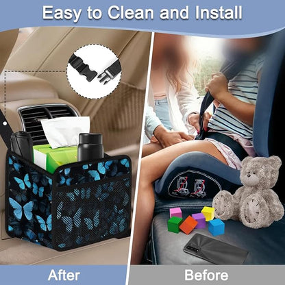 Car Backseat Organizer, PU Leather Back of Seat Cars Hanging Organizer with Pockets Leakproof Car Garbage Bag Hanging Cars Seat Storage Box Travel Accessories Foldable (Blue Butterfly)