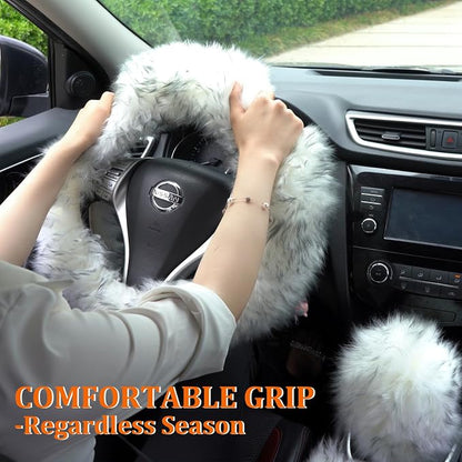 Fluffy Genuine Sheepskin Steering Wheel Cover Set for Women Parents-Fuzzy Soft Australian Merino Wool Wrap with Gear Shift and Hand Brake Covers, Cozy Stylish Luxury Car Accessories (Black)