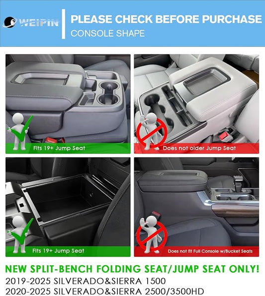 For Center Console Tray Compatible with 2019-2026 Chevy Silverado 1500& 2020-2026 Silverado 2500HD 3500HD (Split-Bench Folding Seat) Armrest Storage Box Console Organizer ABS Materials