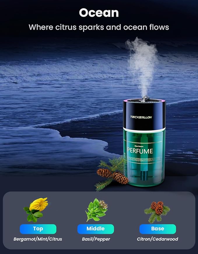 TECXERLLON Smart Car Air Freshener Diffuser with Star Light, 120ml Essential Oil, Auto On/Off, 4 Mist Modes, Long Lasting Rechargeable Aroma Diffuser Aromatizante Para Carro for Home, Office-Ocean