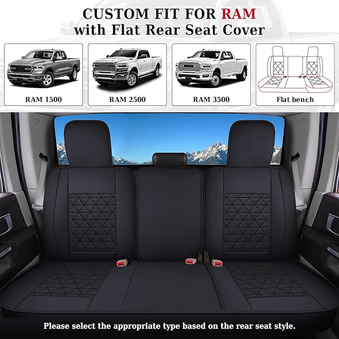 Coverado Car Seat Covers Full Set, Leather RAM 1500 Seat Covers Protectors Compatible with 2002-2026 Dodge RAM 1500 2500 3500 Crew Double Mega Quad Cab with Flat Bench, Black
