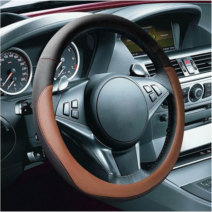 LAINLOY 14.5"-15" Car Steering Wheel Cover, Microfiber Leather Cover, Anti-Slip Breathable Steering Wheel Decoration, Universal Steering Wheel Accessories for Diverse Cars (Coffee)