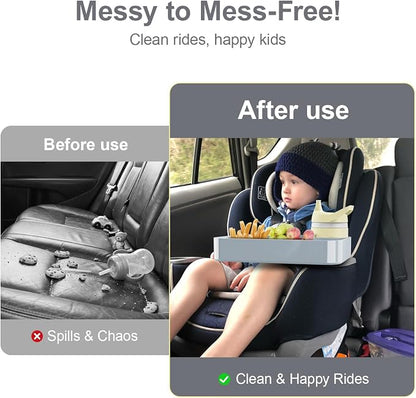 Car Seat Snack Tray for Toddlers - 3 Inch Cup Holder Fits Most Sippy Cups & Straw Bottles with Dip Well, Mess-Free Square Kids Travel Tray Road Trip Essentials, Grey