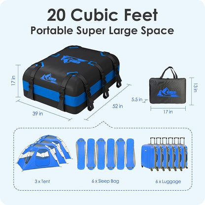 Car Rooftop Cargo Carrier Bag 20 Cubic Feet, 100% Waterproof Heavy Duty Car Roof Bag for All Vehicle with/Without Racks - Anti-Slip Mat, 6 Door Hooks, Storage Bags, 5CM Straps(Blue)