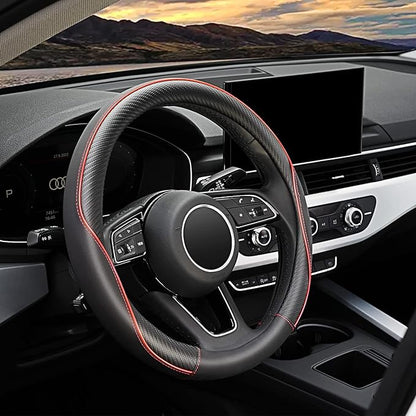 YHONGJT Soft Microfiber Leather Anti-Slip Car Steering Wheel Cover, Universal 15 Inch, Fit Vehicles, Sedans, SUVS, Vans, Trucks - Black with Red Line