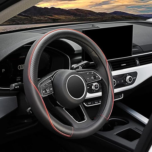 YHONGJT Soft Microfiber Leather Anti-Slip Car Steering Wheel Cover, Universal 15 Inch, Fit Vehicles, Sedans, SUVS, Vans, Trucks - Black with Red Line