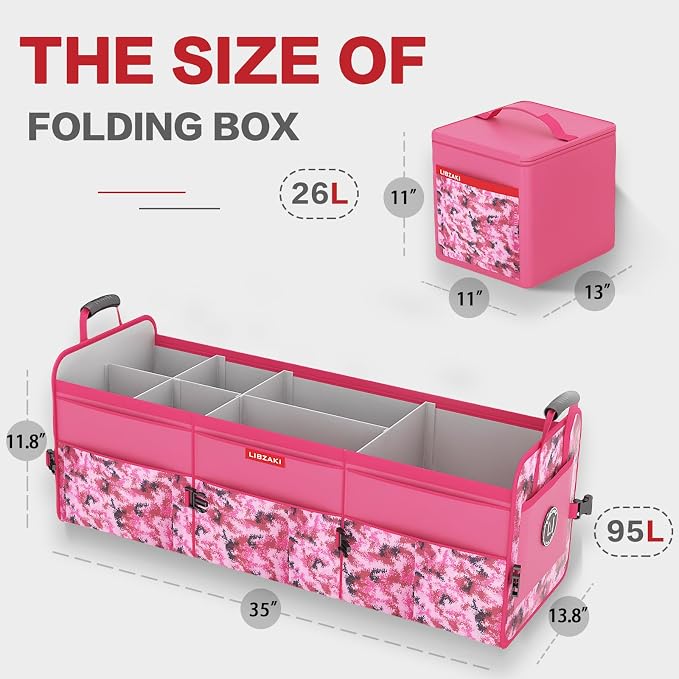 LIBZAKI Car Trunk Organizer,3 Compartments Big Trunk Storage, Large Capacity, Foldable, 95L Heavy Duty Storage Box for Car, SUV, Truck,Includes 26L Cooler Bag -Rose Red Camouflage