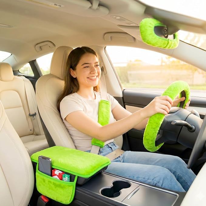 5 Pcs Fuzzy Green Car Accessories Set, Soft Fluffy Plush Steering Wheel Cover, Center Console Armrest Pad & Rearview Mirror Cover - Interior Decorations for Women,Universal Fit (Green)