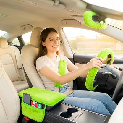 5 Pcs Fuzzy Green Car Accessories Set, Soft Fluffy Plush Steering Wheel Cover, Center Console Armrest Pad & Rearview Mirror Cover - Interior Decorations for Women,Universal Fit (Green)